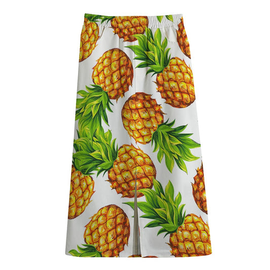 White Summer Pineapple Pattern Print Cotton Front Slit Maxi Skirt