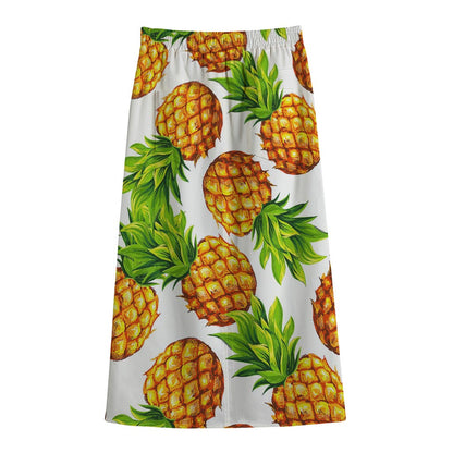 White Summer Pineapple Pattern Print Cotton Front Slit Maxi Skirt