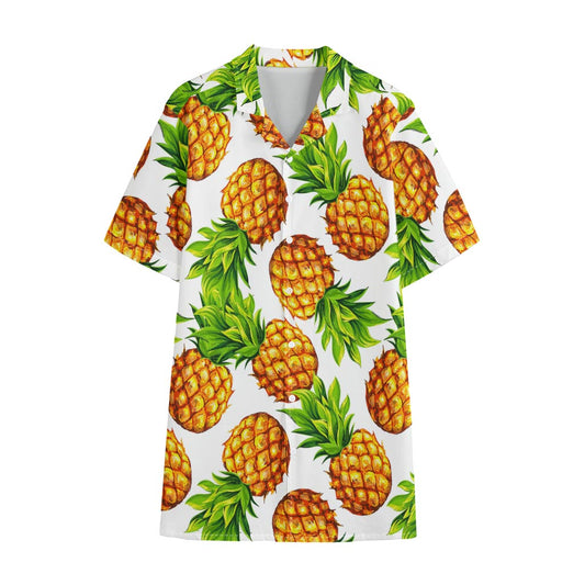 White Summer Pineapple Pattern Print Cotton Hawaiian Shirt