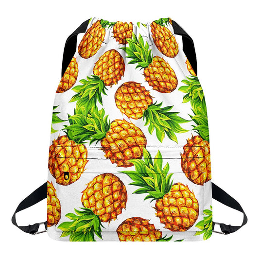 White Summer Pineapple Pattern Print Drawstring Backpack