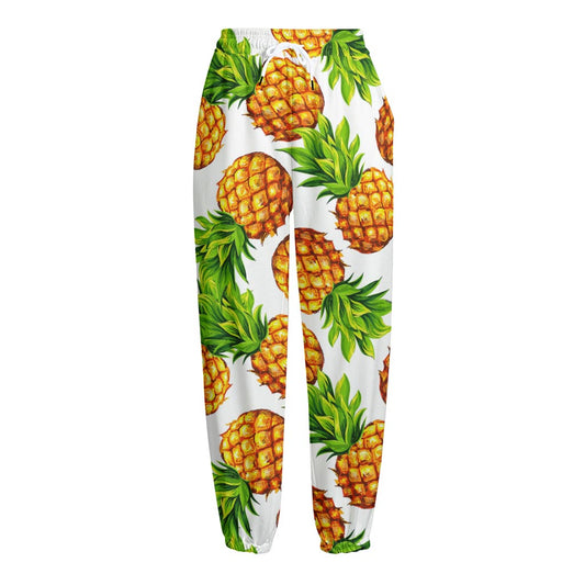 White Summer Pineapple Pattern Print Fleece Lined Knit Pants