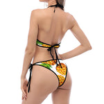 White Summer Pineapple Pattern Print Halter Scoop Tie Side Bikini