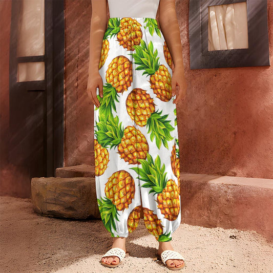 White Summer Pineapple Pattern Print Harem Pants
