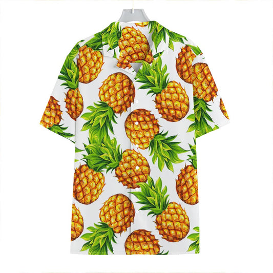 White Summer Pineapple Pattern Print Hawaiian Shirt