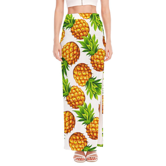 White Summer Pineapple Pattern Print High Slit Maxi Skirt