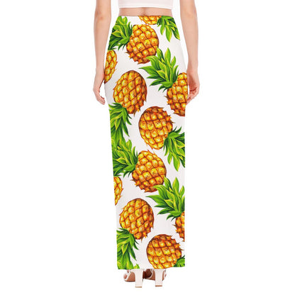 White Summer Pineapple Pattern Print High Slit Maxi Skirt