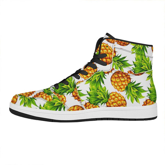 White Summer Pineapple Pattern Print High Top Leather Sneakers