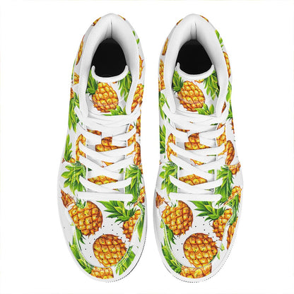 White Summer Pineapple Pattern Print High Top Leather Sneakers