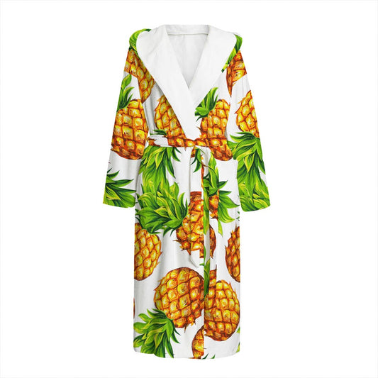 White Summer Pineapple Pattern Print Hooded Bathrobe