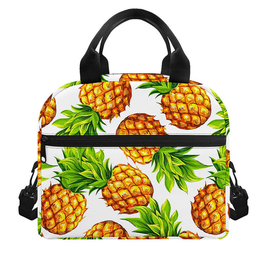 White Summer Pineapple Pattern Print Insulated Lunch Bag