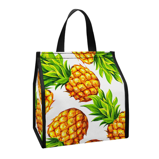 White Summer Pineapple Pattern Print Insulated Lunch Tote