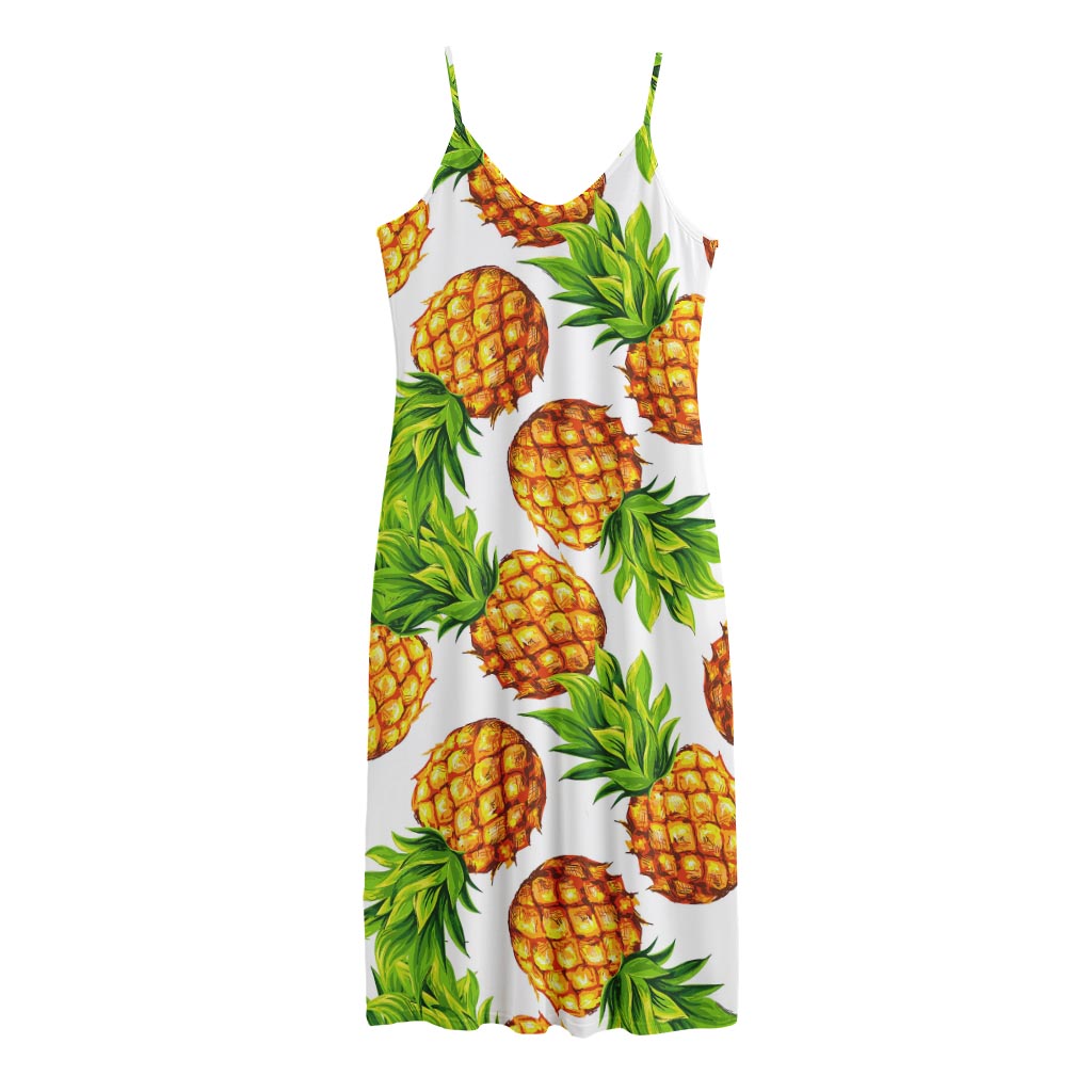 White Summer Pineapple Pattern Print Jersey Midi Cami Dress