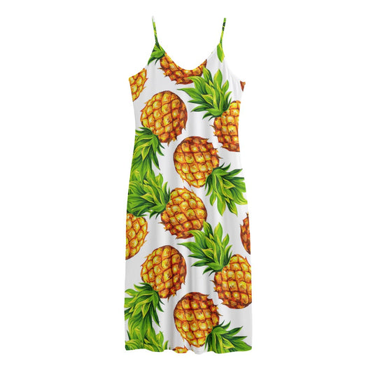 White Summer Pineapple Pattern Print Jersey Midi Cami Dress