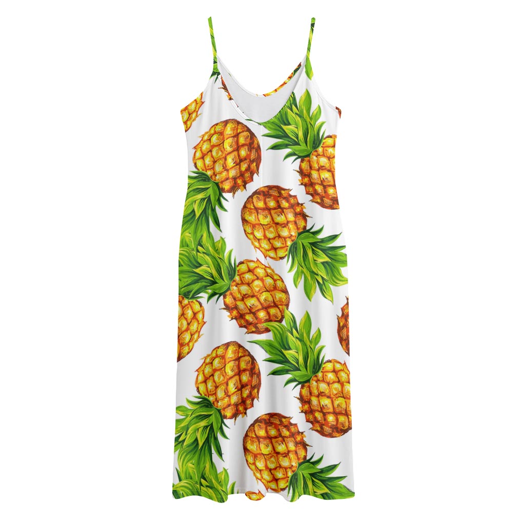 White Summer Pineapple Pattern Print Jersey Midi Cami Dress