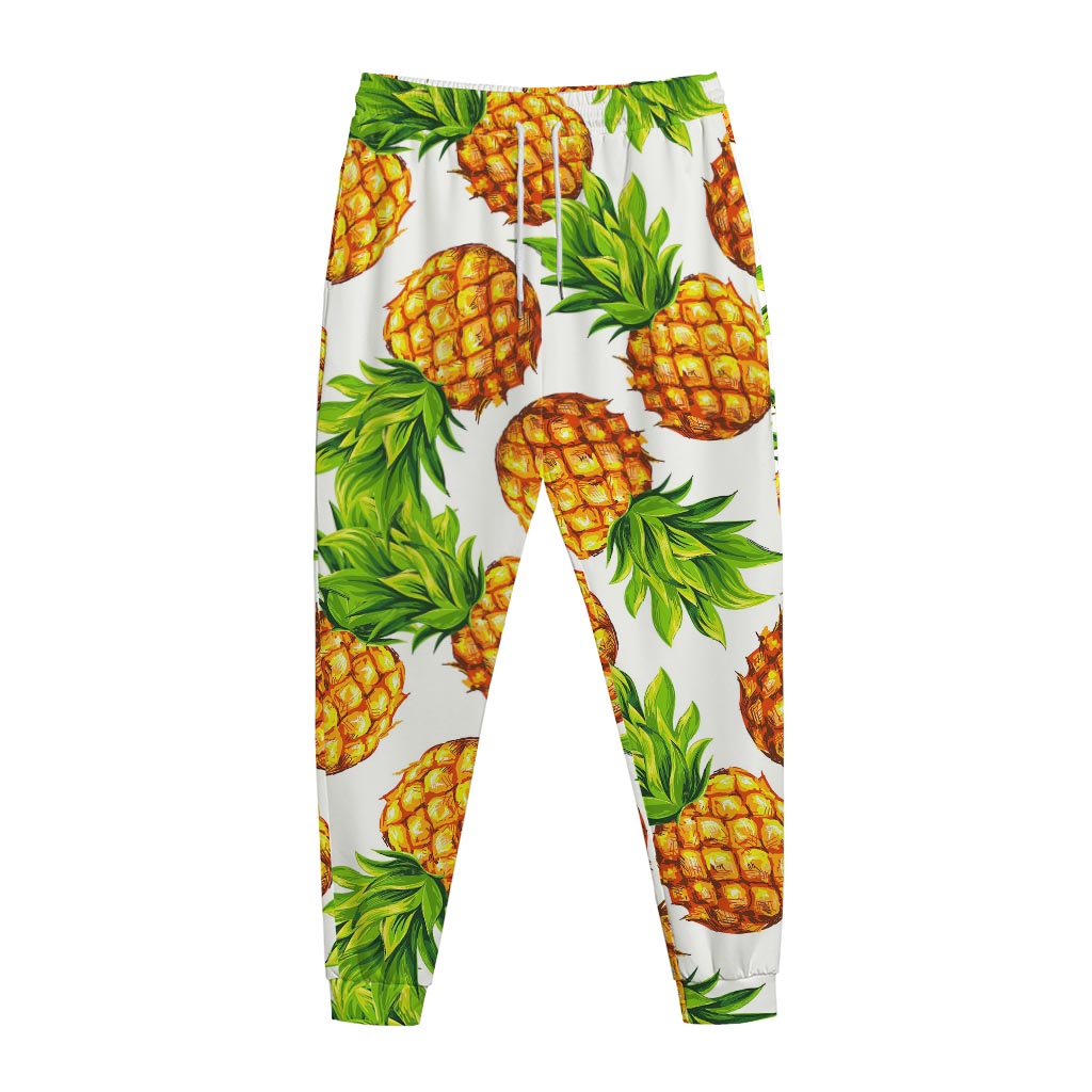 White Summer Pineapple Pattern Print Jogger Pants