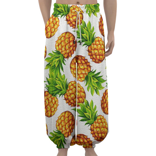 White Summer Pineapple Pattern Print Lantern Pants