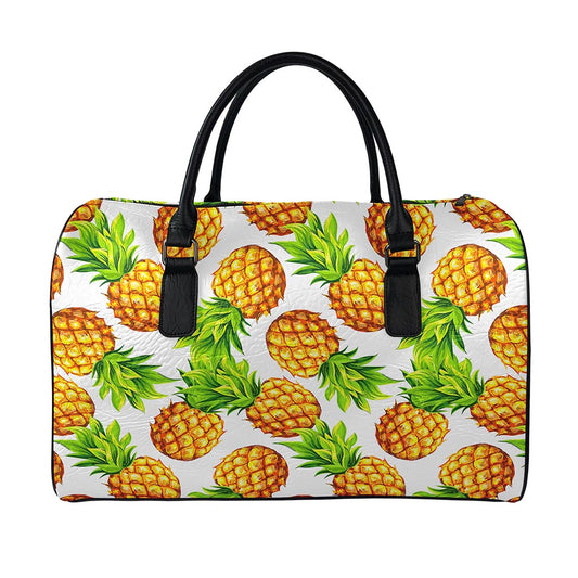 White Summer Pineapple Pattern Print Leather Duffle Bag