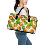 White Summer Pineapple Pattern Print Leather Duffle Bag