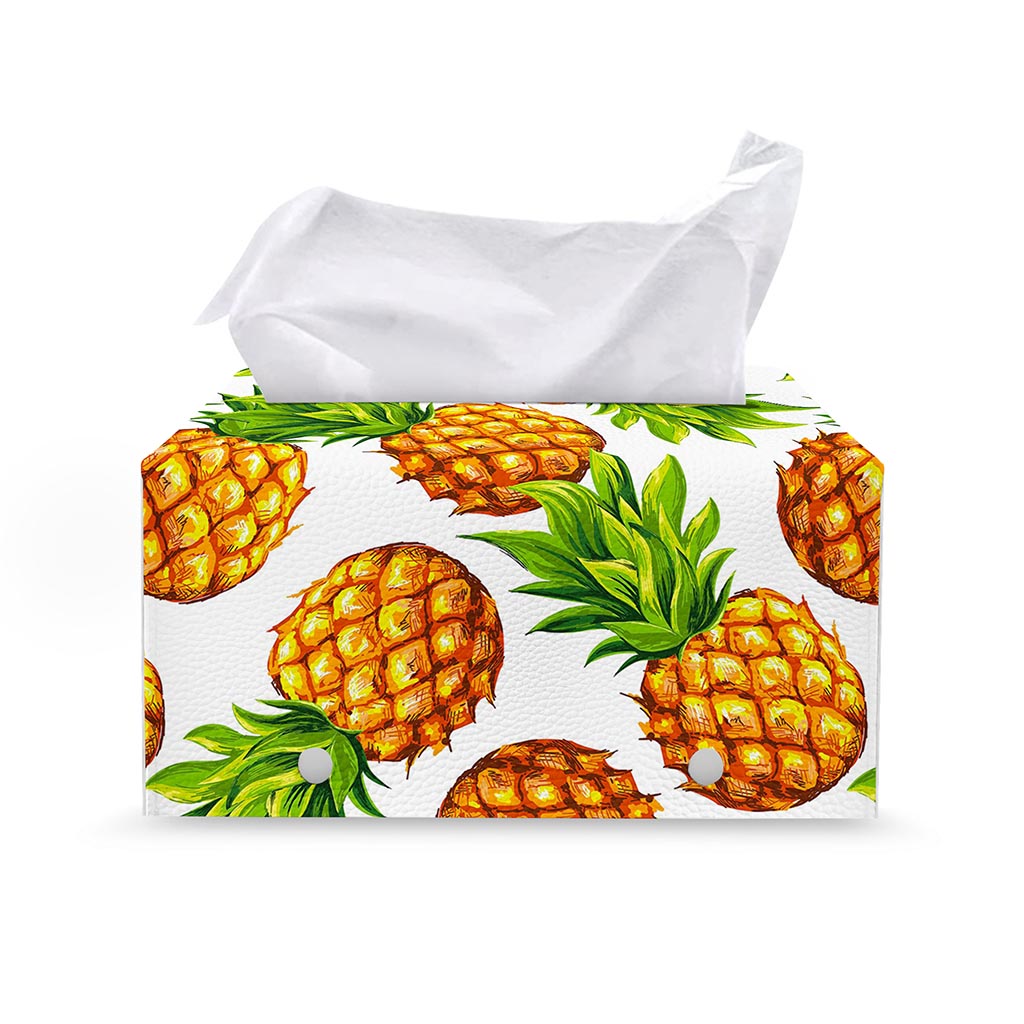 White Summer Pineapple Pattern Print Leather Tissue Box Cover