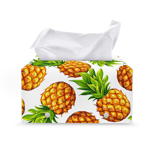 White Summer Pineapple Pattern Print Leather Tissue Box Cover