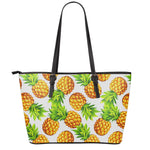 White Summer Pineapple Pattern Print Leather Tote Bag