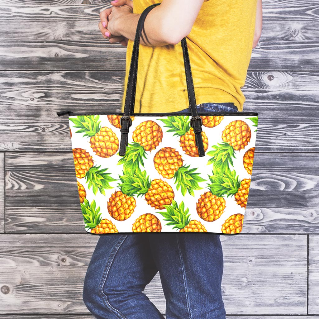 White Summer Pineapple Pattern Print Leather Tote Bag