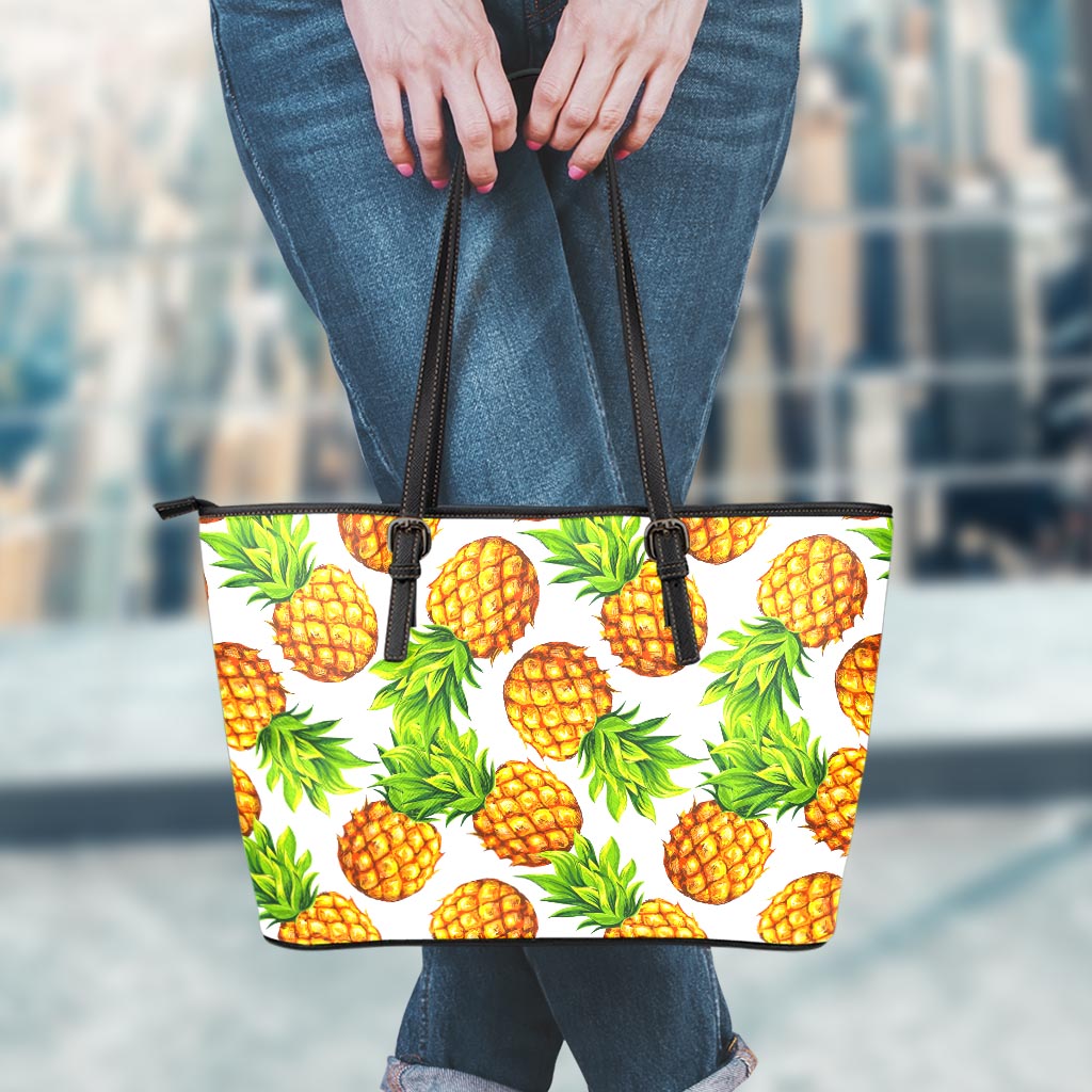 White Summer Pineapple Pattern Print Leather Tote Bag