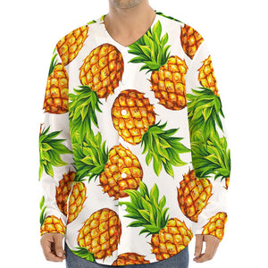 White Summer Pineapple Pattern Print Long Sleeve Baseball Jersey