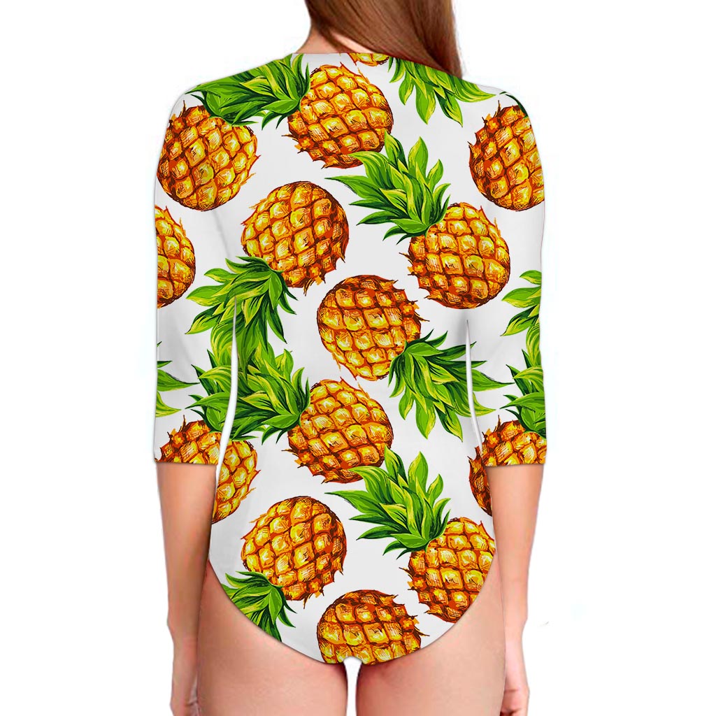 White Summer Pineapple Pattern Print Long Sleeve Swimsuit