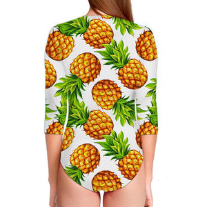 White Summer Pineapple Pattern Print Long Sleeve Swimsuit