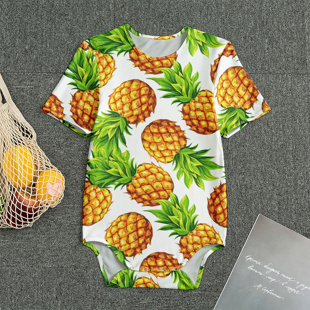 White Summer Pineapple Pattern Print Men's Bodysuit