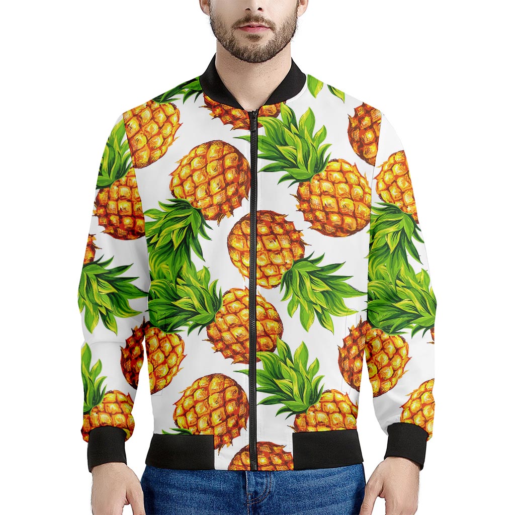 White Summer Pineapple Pattern Print Men's Bomber Jacket