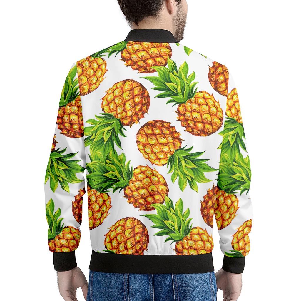 White Summer Pineapple Pattern Print Men's Bomber Jacket