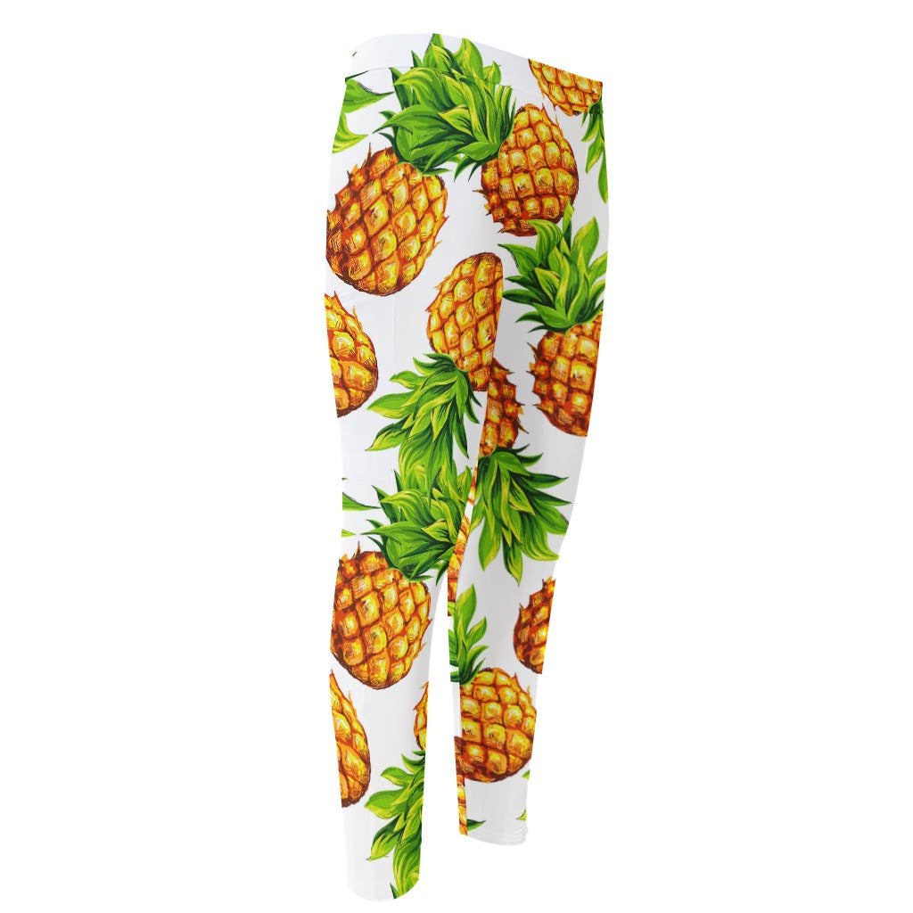 White Summer Pineapple Pattern Print Men's Compression Pants