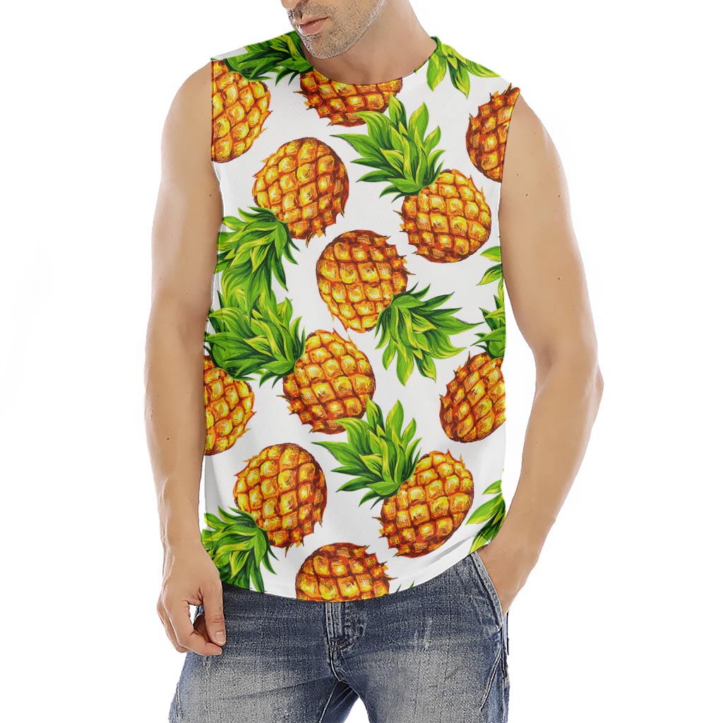 White Summer Pineapple Pattern Print Men's Fitness Tank Top