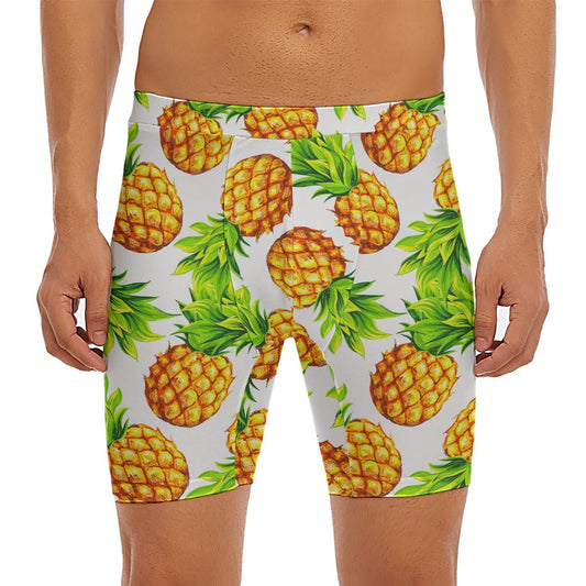 White Summer Pineapple Pattern Print Men's Long Boxer Briefs
