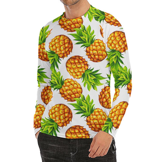 White Summer Pineapple Pattern Print Men's Long Sleeve Rash Guard