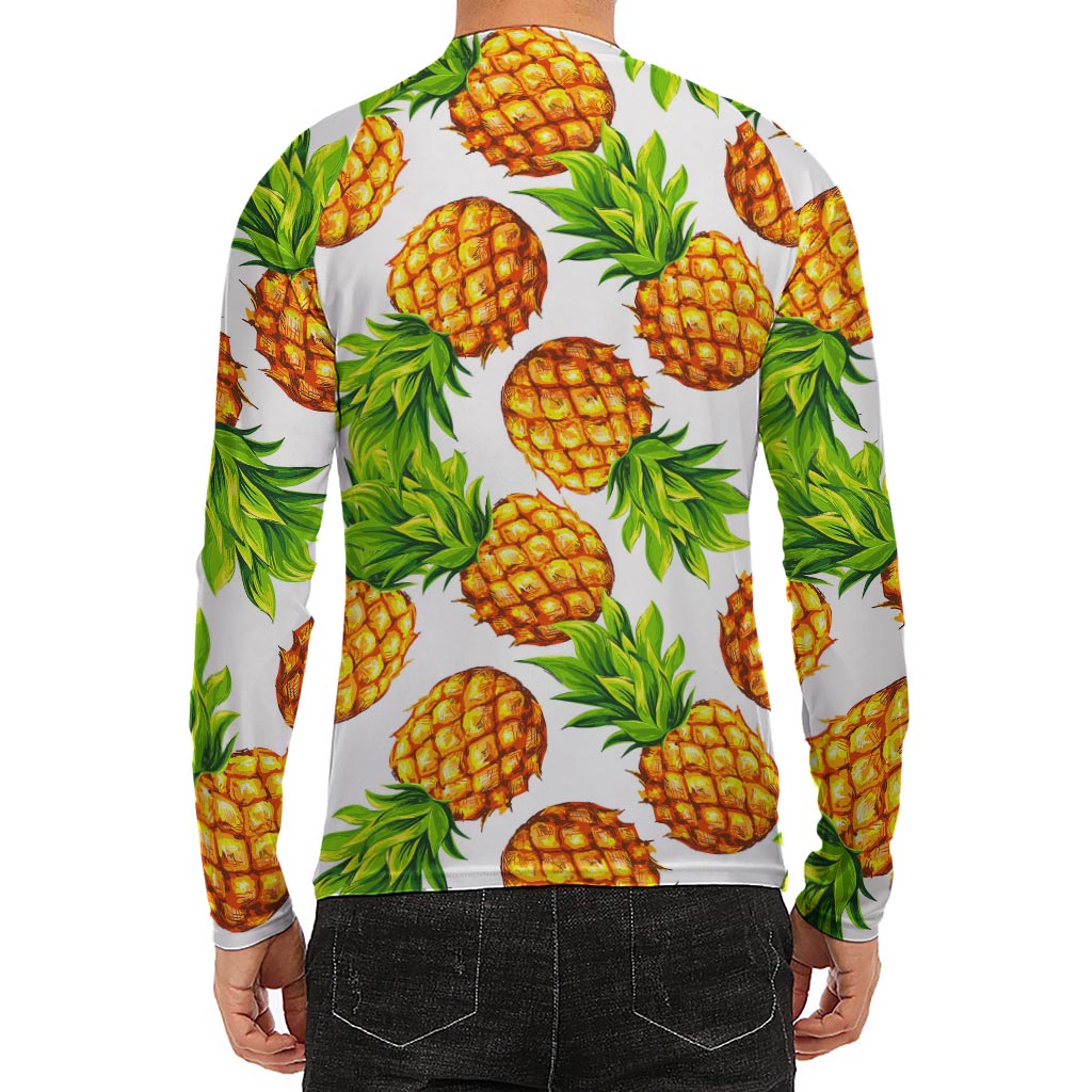 White Summer Pineapple Pattern Print Men's Long Sleeve Rash Guard