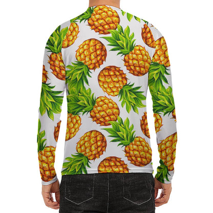 White Summer Pineapple Pattern Print Men's Long Sleeve Rash Guard