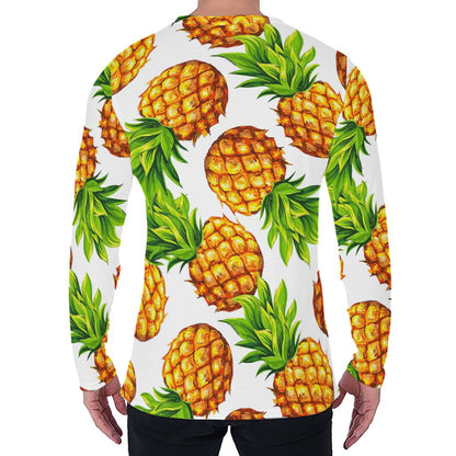 White Summer Pineapple Pattern Print Men's Long Sleeve T-Shirt