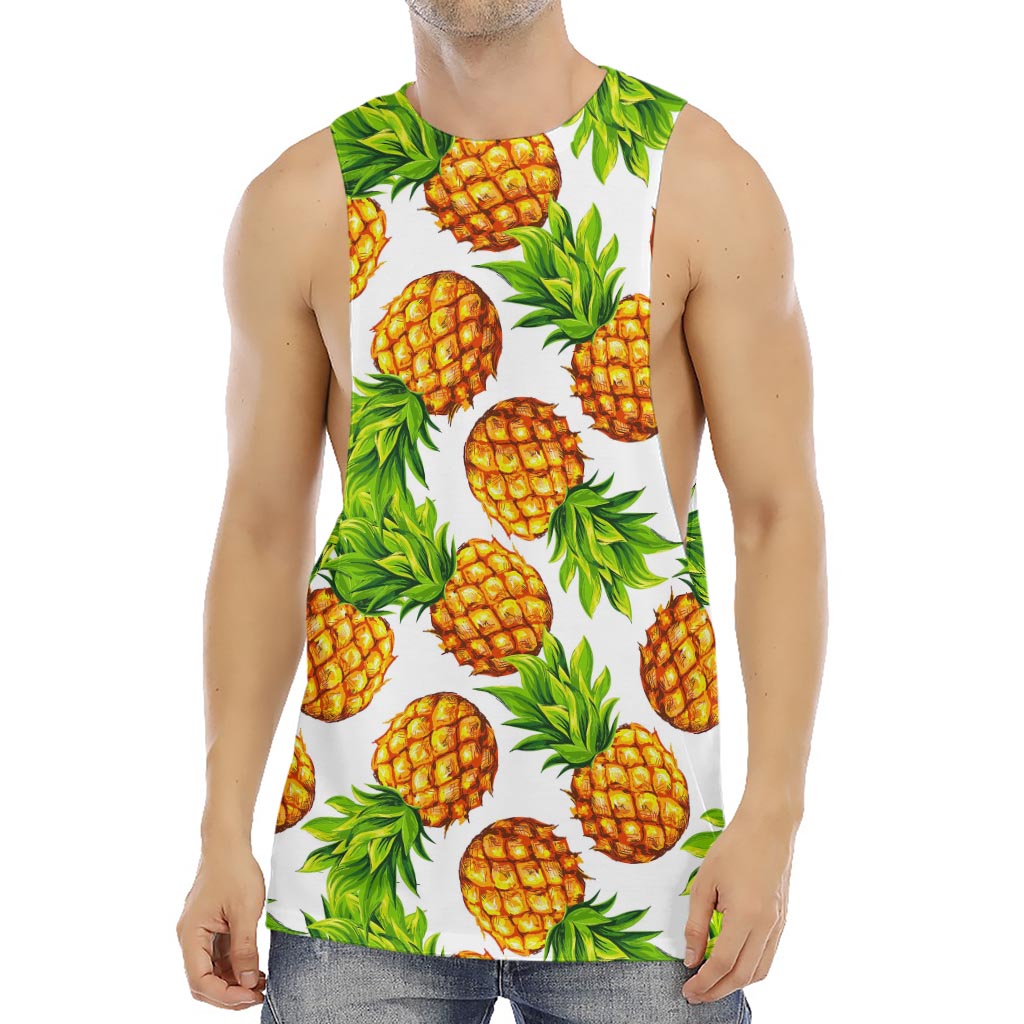 White Summer Pineapple Pattern Print Men's Muscle Tank Top