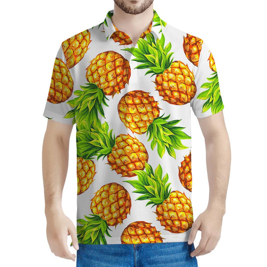 White Summer Pineapple Pattern Print Men's Polo Shirt