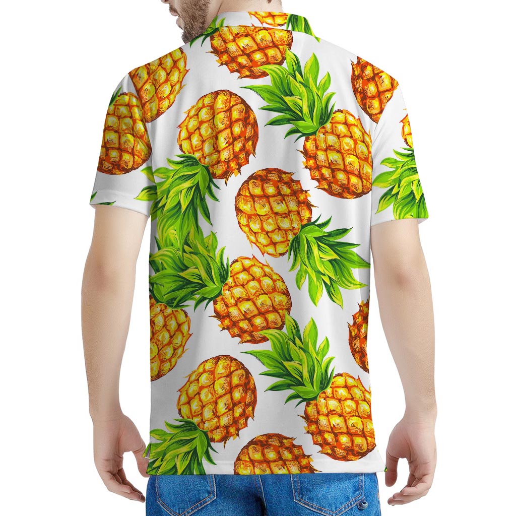 White Summer Pineapple Pattern Print Men's Polo Shirt