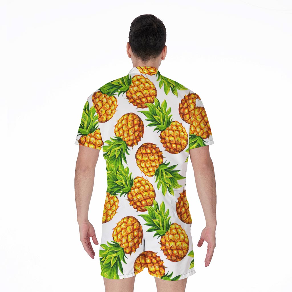 White Summer Pineapple Pattern Print Men's Rompers
