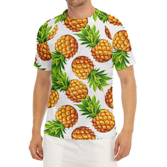 White Summer Pineapple Pattern Print Men's Short Sleeve Rash Guard
