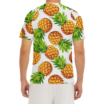 White Summer Pineapple Pattern Print Men's Short Sleeve Rash Guard
