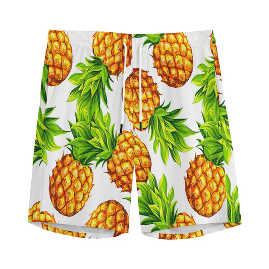 White Summer Pineapple Pattern Print Men's Sports Shorts