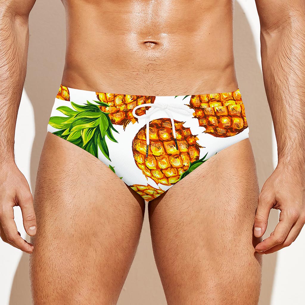 White Summer Pineapple Pattern Print Men's Swim Briefs