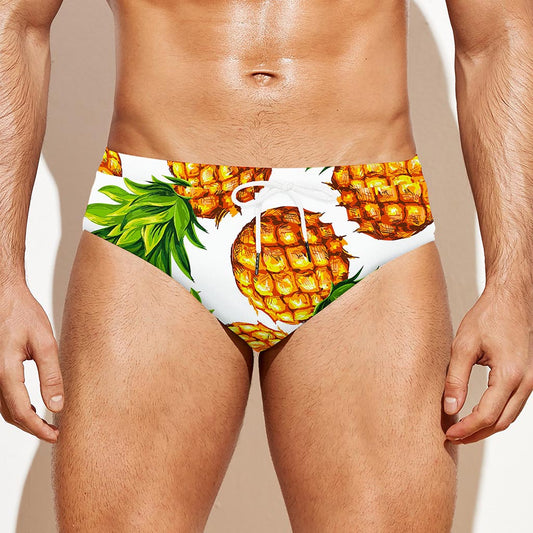 White Summer Pineapple Pattern Print Men's Swim Briefs