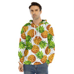 White Summer Pineapple Pattern Print Men's Velvet Pullover Hoodie